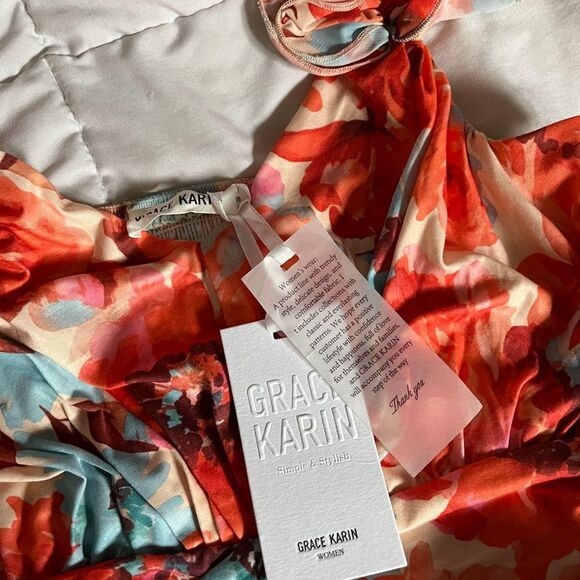 GRACE KARIN Orange Floral Print Dress Ruffles Sleeveless Flowy Sundress (NWT) - Picture 6 of 7